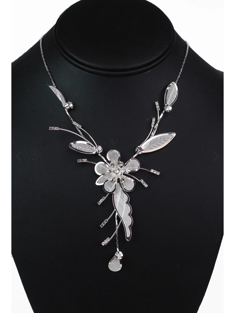 Metal Mesh Flower & Leaves Necklace w/ Rhinestone Accents Glam, Fairycore